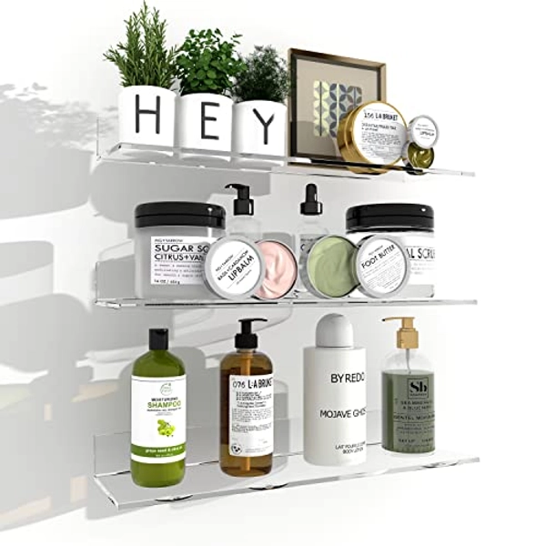 Clear Acrylic Wall Shelves,Small Floating Adhesive Shelf That Can Be Installed in Bathroom, Living Room, Kitchen, Shower Room,Used to Display,Organize and Store Perfume, Cosmetics