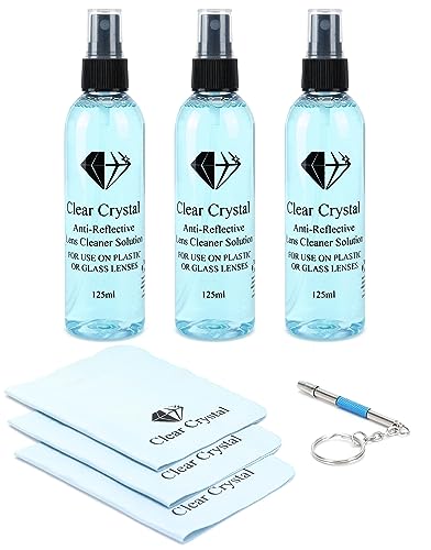 Eyeglass Lens Cleaning kit - glasses cleaner Including 3 Anti-Reflective Lens Cleaner spray bottles 125 ml Each, 3 Microfiber Cleaning Cloths, and a Screwdriver Key Chain to fix Loose Screws- by Clear Crystal