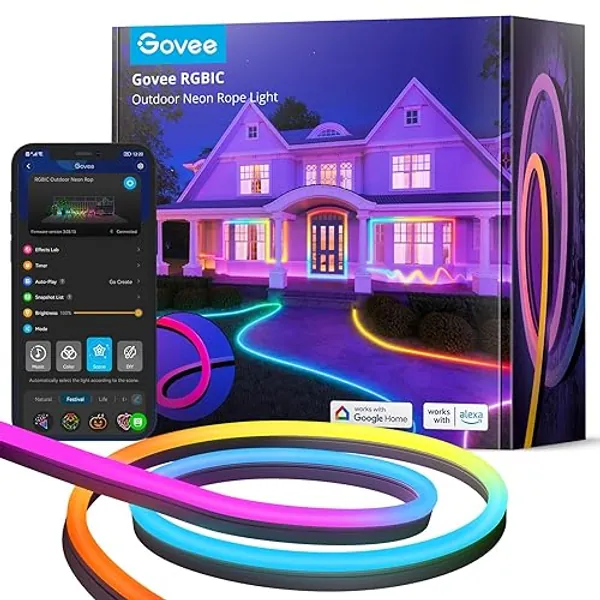 Govee Outdoor Neon Rope Lights, 32.8ft RGBIC IP67 Waterproof Christmas Decorations with 64 Scene Modes, Music Sync, Flexible LED Outdoor Lights, Christmas Lights Work with Alexa, Google Assistant