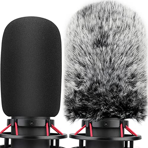 Pop Filter for Hyperx Quadcast s, Mic Foam Cover+Furry Wind Muff Compatible with Hyperx Quadcast s Microphone Pop Filter Windscreen Cover for Indoor/Outdoor Use,Combo 2Pack - Mic Cover for Hyper X