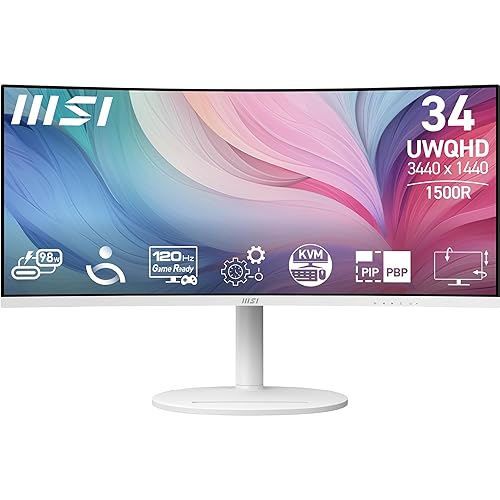MSI Modern MD342CQPW 34in VA 3440 x 1440(UWQHD) Computer Monitor, 120Hz, 1800 Curved, Adaptive-Sync, HDMI, DP, USBC 98W Power Delivery, KVM, Height Adjustable, VESA, Speaker, 1ms, White