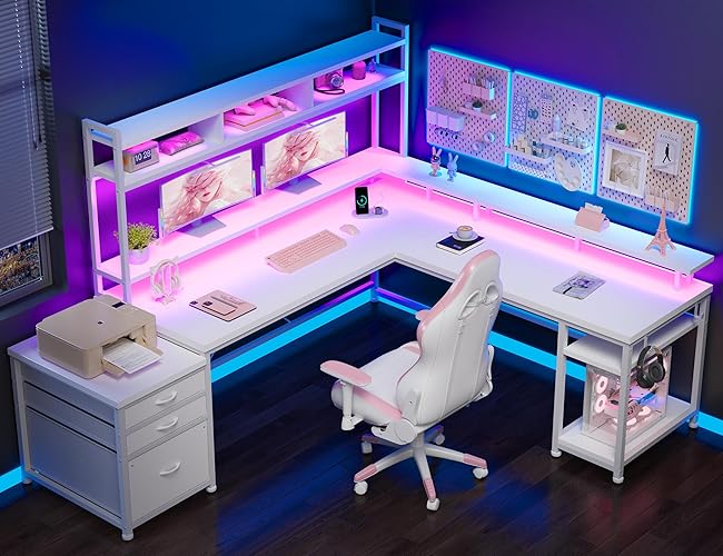 EnHomee L Shaped Gaming Desk with Drawers 66" Reversible Home Office Desks with LED Light & Power Outlets White Computer Desk with Monitor Stand & Shelves for Home Office StudyRoom Gaming Room - White