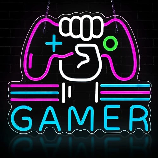 Gamer Neon Sign, Bright and Dimmable Large Colorful Neon Light for Gaming Video Room Bedroom Wall Decor, USB Powered LED Game Room Night Lights Gift for Boys Teen Kids Gamers(15.4X12.6")