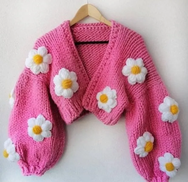 Women Cardigan Pink Knit Jacket Daisy Handmade Sweater | Etsy