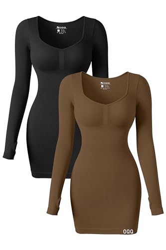 OQQ Women's 2 Piece Dresses Sexy Ribbed Long Sleeve Heart Neckline Tops Tummy Control Mini Dress - Medium - Black,coffee