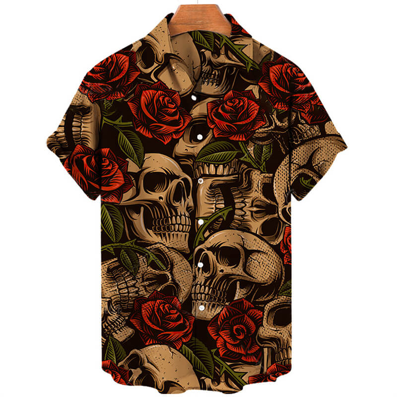 Skull Print Polyester Hawaiian Shirt - Polyester / A / XL-Bust 120 cm