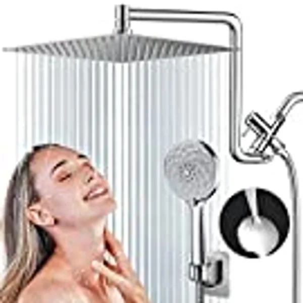 PinWin 12'' Dual Shower Head,Upgraded Rain Shower Head with 12'' Adjustable Extension Arm and 6-Setting Handheld Shower Head Combo,Powerful High Pressure Shower Spray Against Low Pressure Water,Chrome