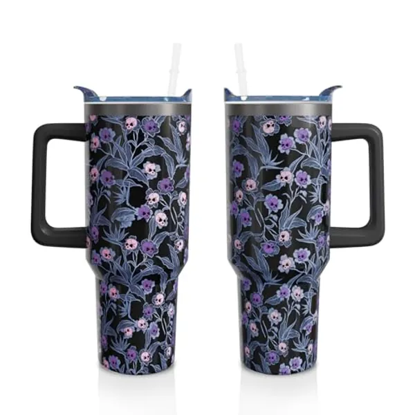 Aokoyi 40 Oz Gothic Tumbler with Handle and Straw, Goth Skull Stainless Steel Double Walled Vacuum Insulated Cup, Halloween Holiday Gifts for Women Men - skull tumbler-01 - 40 oz
