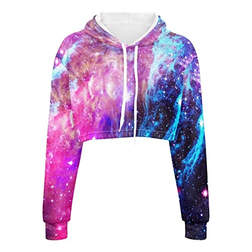 Yuyamidu 2023 Fall Crop Hoodie for Women Jacket Long Sleeve Drawstring Sweatshirt Pullover Top S-5XL - Pink Galaxy - XX-Large
