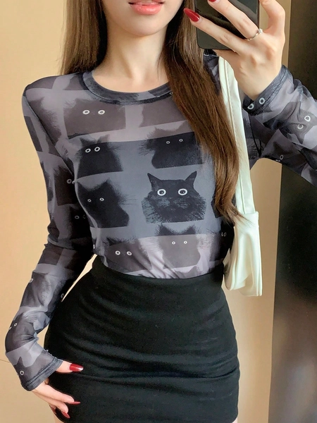 Dazy Star Kpop Cat Pattern Mesh Top