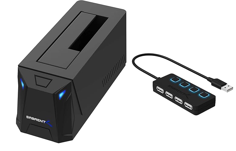 Sabrent USB 3.0 to SATA External Hard Drive Docking Station + 4-Port USB 2.0 Hub with Individual LED lit Power Switches