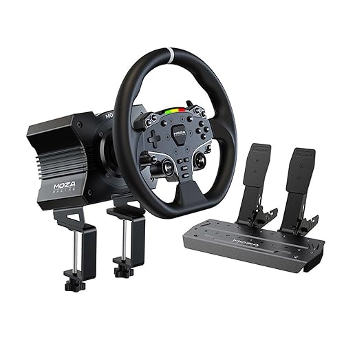 MOZA R5 All-in-One PC Gaming Racing Simulator 3PCS Bundle: 5.5Nm Direct Drive Wheel Base, 11-inch Racing Wheel, Anti-Slip Pedals and a Desk Clamp, Cloud-based App Control - R5 Bundle
