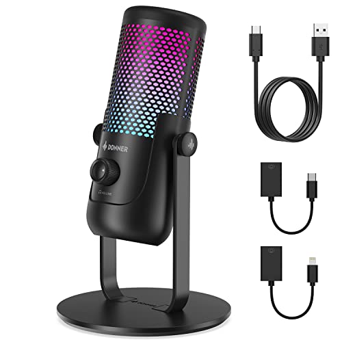 Donner Gaming Microphone with RGB, Computer Microphone 96Hz/24-bit High Sampling Rate, USB Microphone for PC PS4 MAC Streaming Podcast, Condenser Microphone, Tap-to-Mute, Gain Control, 3X Mic Cables - RGB