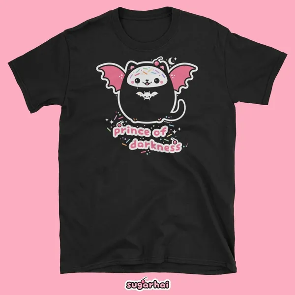 Kawaii Dark Prince of Darkness Unisex T-Shirt with Super Cute Winged Kitty Cat, Pastel Goth Clothing