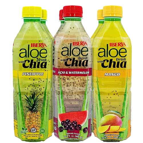 Iberia Aloe Vera Drink with Aloe Pulp and Chia Seeds 16.9 Ounce (Pack of 6) 2 X Watermelon & Acai, 2 x Mango, 2 x Pineapple - Pineapple, Acai and Watermelon, Mango