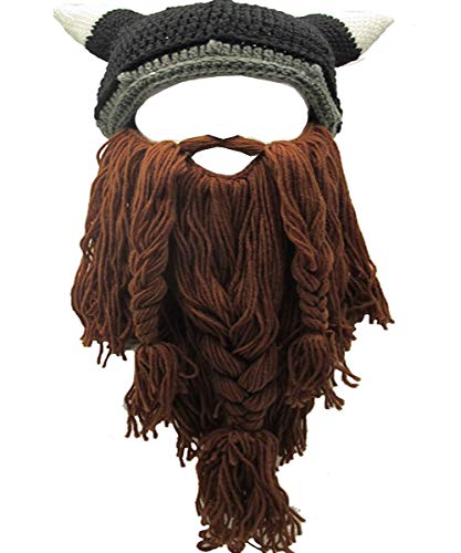 YEKEYI Viking Beard Beanie Horn Hat Winter Warm Mask Knitted Wool Funny Skull Cap - One Size - Brown