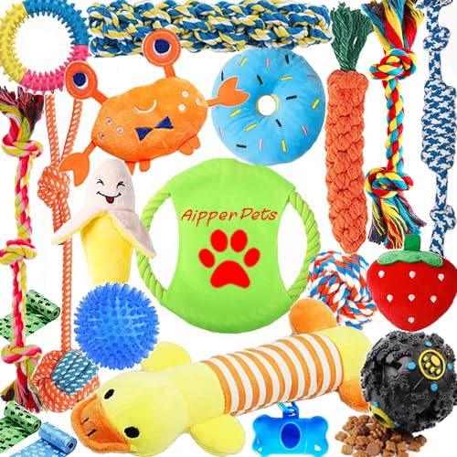 Aipper Dog Puppy Toys 20 Pack, Puppy Chew Toys for Fun and Teeth Cleaning, Dog Squeak Toys,Treat Dispenser Ball, Tug of War Toys, Puppy Teething Toys, Dog Rope Toys Pack for Medium to Small Dogs - (Assorted Colors)¡­
