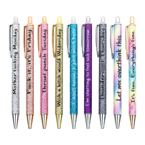 9PCS Funny Pens, Swear Word Daily Resin Glitter Gel Pen Set, 1.0 mm Black Ink Glitter Funny Pen of the Week Dirty Cuss Word Pens for Each Day for Colleague, Co-Worker - 