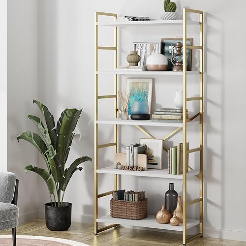 Shintenchi 5 Tiers Bookshelf, Classically Tall Bookcase Shelf,Industrial Book Rack,Modern Book Holder in Bedroom/Living Room/Home/Office, Storage Rack Shelves for Books/Movies,Gold - Gold