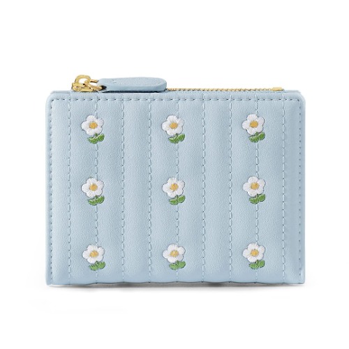 MEISEE Small Wallet for Girls Women Tri-folded Wallet Cash Pocket Card Holder Coin Purse with ID Window elegant youthful and cute- -flowers-blue - flowers-blue
