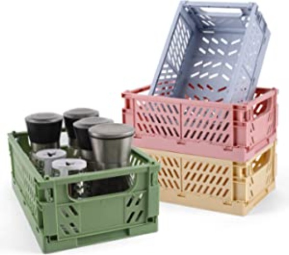 4-Pack Plastic Baskets for Shelf Storage Organizing, Durable and Reliable Folding Storage Crate, Ideal for Home Kitchen Classroom and Office Organization, Bathroom Storage (9.8 x 6.5 x 3.8 inches)