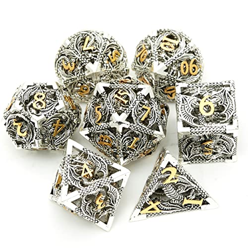 DND Dice Set Metal Dice Dungeons and Dragons Dice Gift Polyhedral Dice Set D&D Role Playing Dice D20 Hollow Polyhedral Dice Set for Dungeons and Dragons RPG MTG Table Games - Ancient Silver and Gold