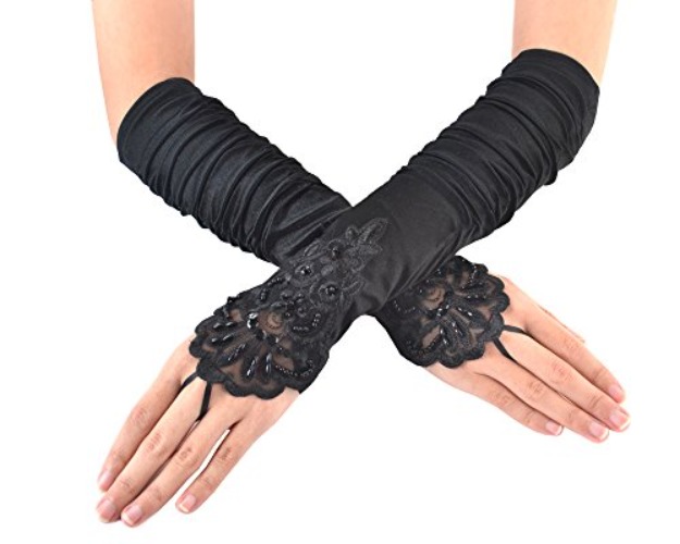 JISEN Fingerless Gathered Lace Gloves - Black