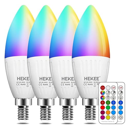 HEKEE E12 LED Candelabra Light Bulbs, Color Changing Candle, B11 40W Incandescent Equivalent, 450 Lumen, RGB + 2700K Warm White, 5Watt, 12 Colors, 2 Modes, Timer, Remote Control(4 Pack) - 4 Count (Pack of 1)