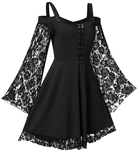 FEOYA Women Off Shoulder Lace Trumpet Sleeve Dress - Black - 4X-Large