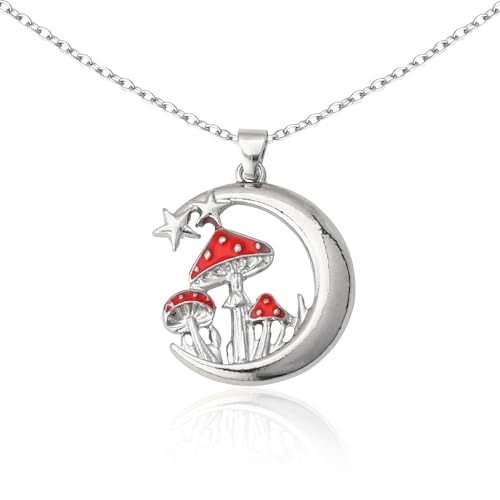 Mushroom Necklace for Women Girls Mom Christmas Birthday Gift Necklaces for Best Friend Girlfriend Wife Red Mushroom Half Moon Necklace Xmas Presents for Mom Daughter Niece Silver Chain Necklace