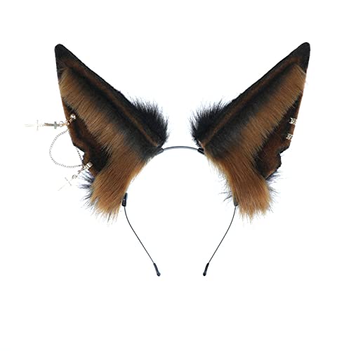 Cosplay Brown Fox Wolf Cat Dog Ears Headband Hairband Headpiece Headwear Hair Accessories with Rings Halloween Costume - B - Brown