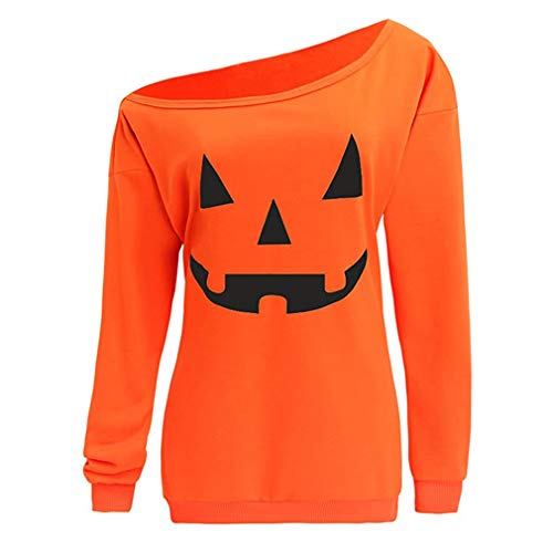 Csbks Women's Off Shoulder Sweatshirt - A-pumpkin Face / Orange - X-Large
