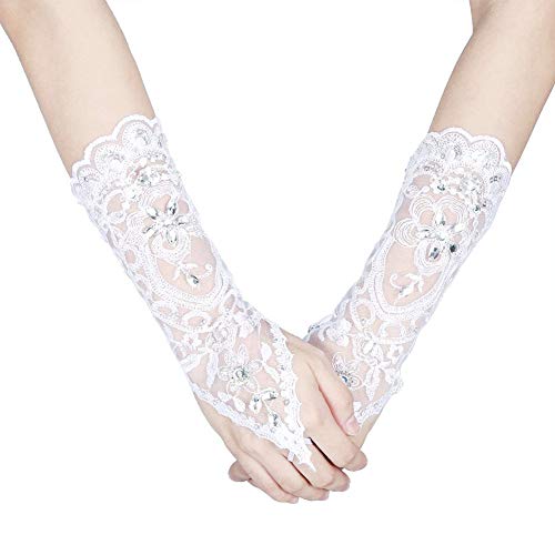 Zerodis Scalloped Flower Lace Mesh Rhinestone Fishnet Gloves