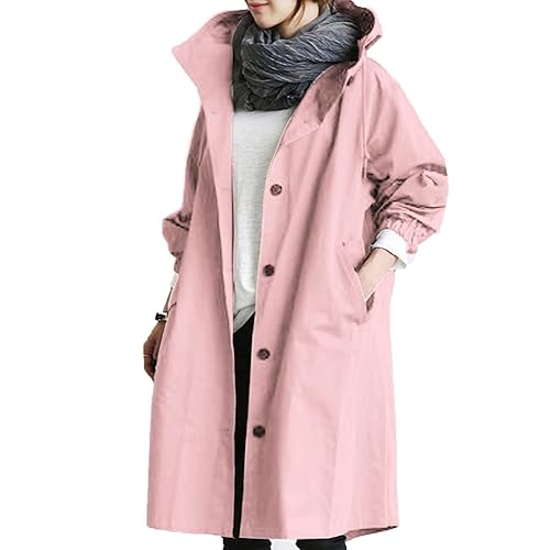 womens rain jacket waterproof long Loose Comfortable Hooded Coat Outwear Elegant Windbreaker waterproof - 4X-Large - Z3-pink