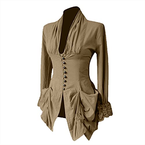 Womens Gothic Renaissance Blouse with Corset Irregular Puff Sleeve Steampunk Victorian Shirts Halloween Costume - B-khaki Retro Goth Top Shirts for Women - XX-Large