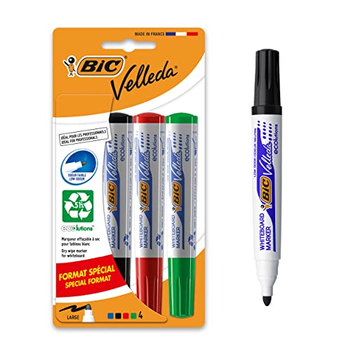 BIC Velleda 1701 ECOlutions Feutres pour Tableau Blanc Effaçables à Sec à Pointe Conique Moyenne - Couleurs Assorties, Blister Format Spécial de 4 - multicolore - 1 unité (Lot de 4)