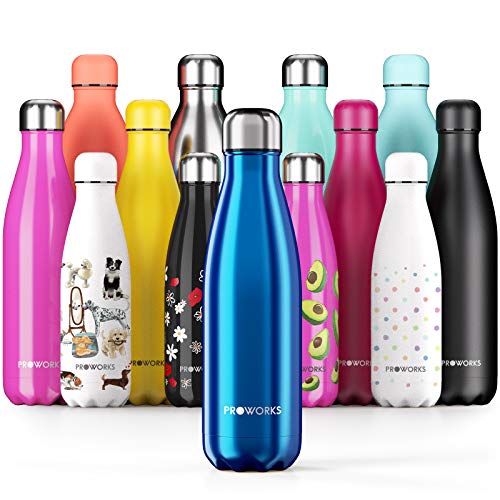 PROWORKS Bouteille d'eau Isotherme, sans BPA, Gourde INOX Reutilisable pour Maintien Chaud de 12 Heures & du Froid Jusqu’à 24 Heures, pour Sport, Gym, Voyage – 350ml / 500ml / 750ml / 1 Litre - Bleu - 1 Litre