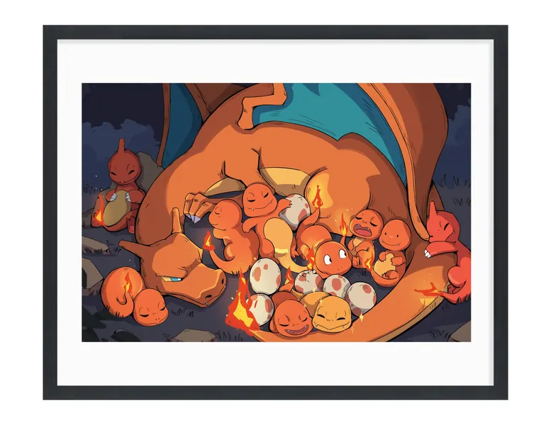 Charizard Print - Sleeping Charmander, Charmeleon, Charizard and maybe a Ditto - Pokemon
