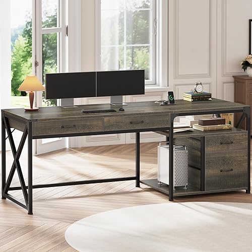 SEDETA 63" Office Desk with 4 Drawers, Computer Desk with File Drawer & Power Outlet, Home Office Desk with Storage Shelves & Printer Cabinet, Smoked Black - Black