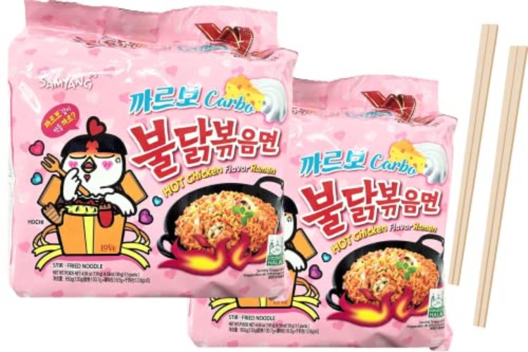 Samyang Hot Chicken Flavour Ramen Carbonara 130g (10 Stück) Gratis zwei Paar Einweg-Essstäbchen