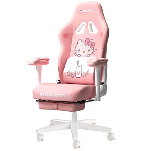 AutoFull Hello Kitty Rosa Gaming-Stuhl Ergonomischer Schreibtisch-Computerstuhl mit hoher Rückenlehne und Lendenwirbelstütze, PU-Leder-Arbeitsstuhl im Racing-Stil mit Fußstütze - Rosa