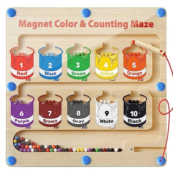 Magnetic Color and Number Maze, Montessori Toys for 3+ Year Old, Wooden Magnet Board Counting & Color Sorting Toddler Activities, Educational Fine Motor Skills Toys Gifts for 3-5 Years Old Boys Girls