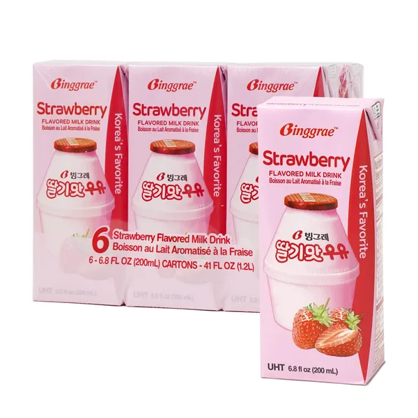 Binggrae Strawberry Flavored Milk (Pack of 6) - Strawberry 6.8 Fl Oz (Pack of 6)