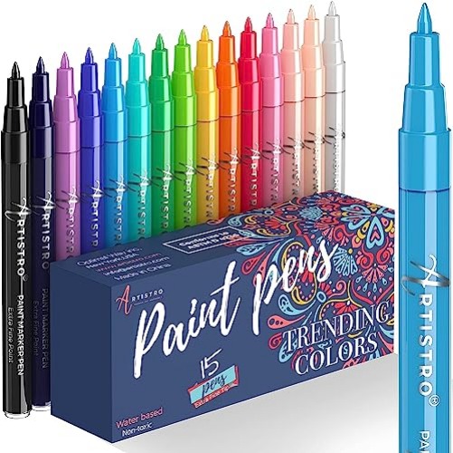 Acrylic Paint Pens for Rock Painting, Stone, Ceramic, Glass, Wood, Metal, Fabric, Canvas Pebbles. Set of 15 Acrylic Paint Markers Water-Based Extra-Fine Tip 0.7mm - Acrylic Paint Pens