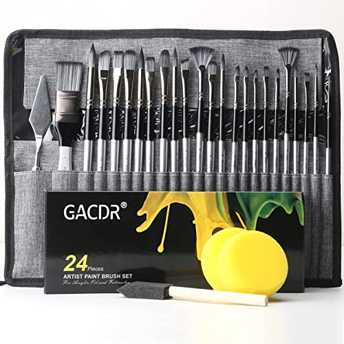 GACDR Paint Brushes for Acrylic Painting 24 Pieces Acrylic Paint Brush Set with Cloth Roll Case and 2 Sponges, Paint Brishes for Oil Watercolor Gouache - Small Paint Brushes Set