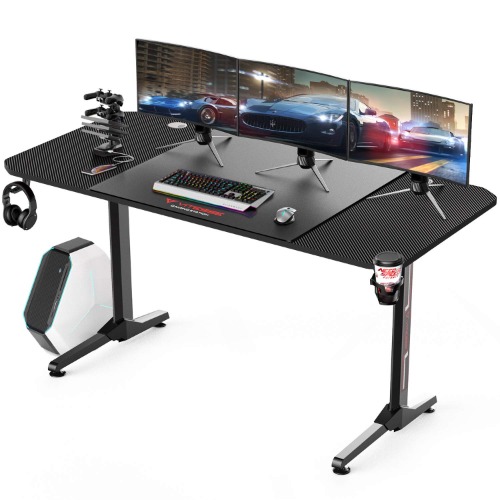 VITESSE 63 inch Gaming Desk, Gaming Computer Desk, PC Gaming Table, T Shaped Racing Style Professional Gamer Game Station with Free Mouse pad, USB Gaming Handle Rack, Cup Holder and Headphone Hook - Carbon Fiber Black 63 inch