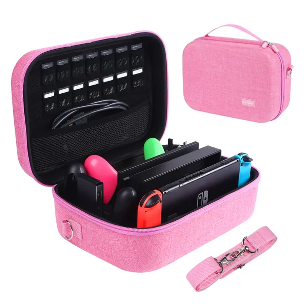 Carrying Storage Case for Nintendo Switch/Switch OLED Model,Large Storage Nintendo Switch Cases,Portable Travel All Hard Protective Bag with 16 Game Cards for Switch Controller and Accessories,Pink - 7-Pink