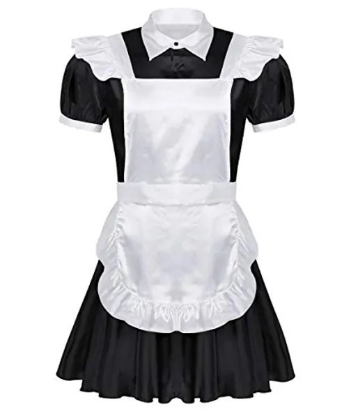 YiZYiF Adult Men's Frilly Satin French Maid Uniform Crossdressing Lingerie Outfit Set - Black Bowknot Large