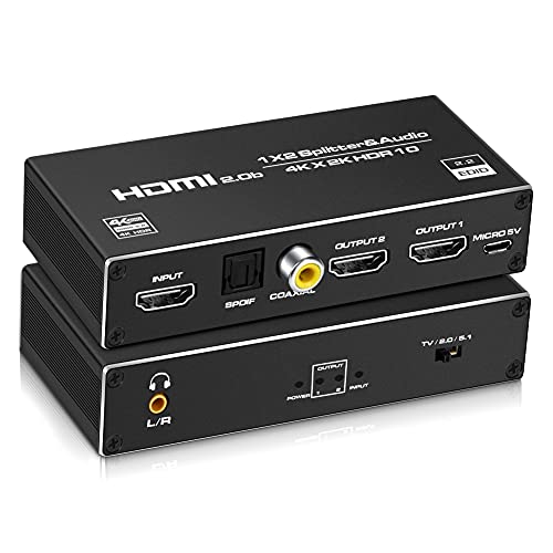 NEWCARE HDMI Splitter Audio Extractor, 4k@60Hz 1 in 2 Out with Optical Toslink SPDIF + Coaxial + 3.5mm Audio Out for Dual Monitors Duplicate/Mirror Only, Supports Auto Scaling, HDCP2.3, HDMI2.0b