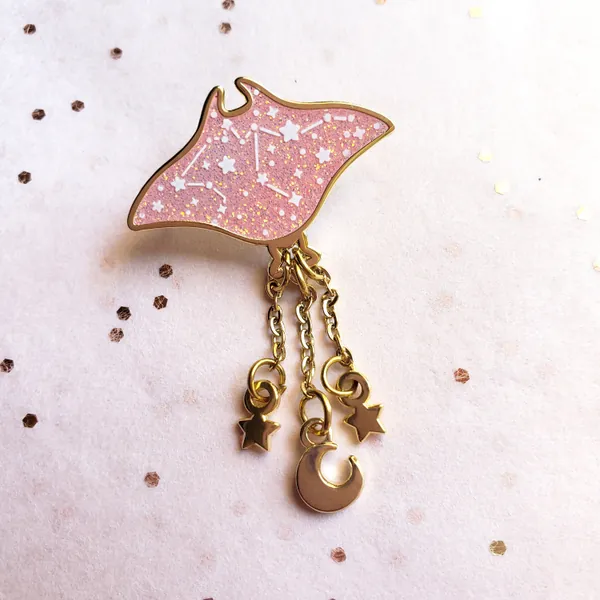 Pink Cosmic Ray, Manta Ray, Gold Plated Dangly Hard Enamel Pin